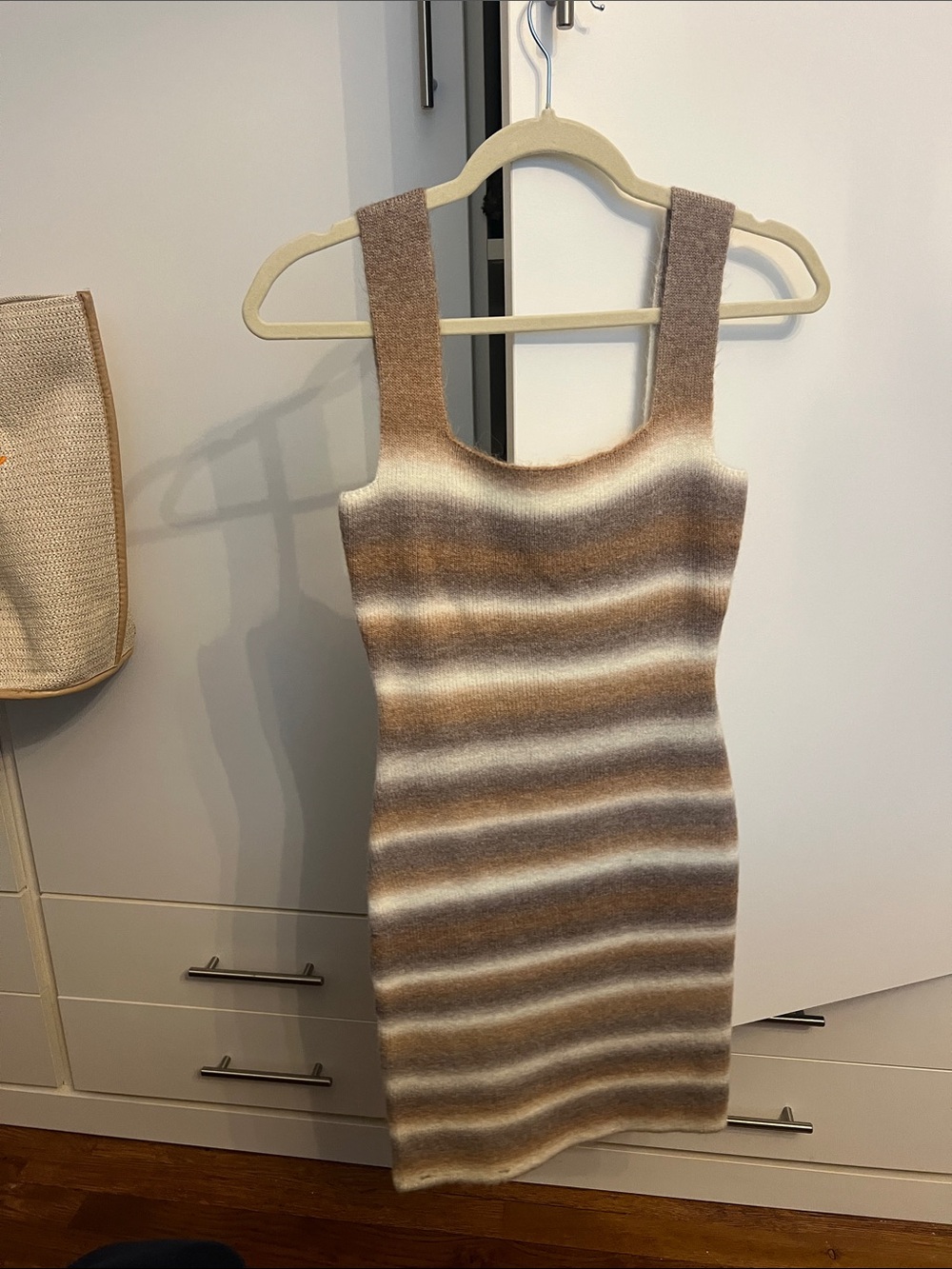 Striped Knit Tank Dress in Neutral Brown and Cream